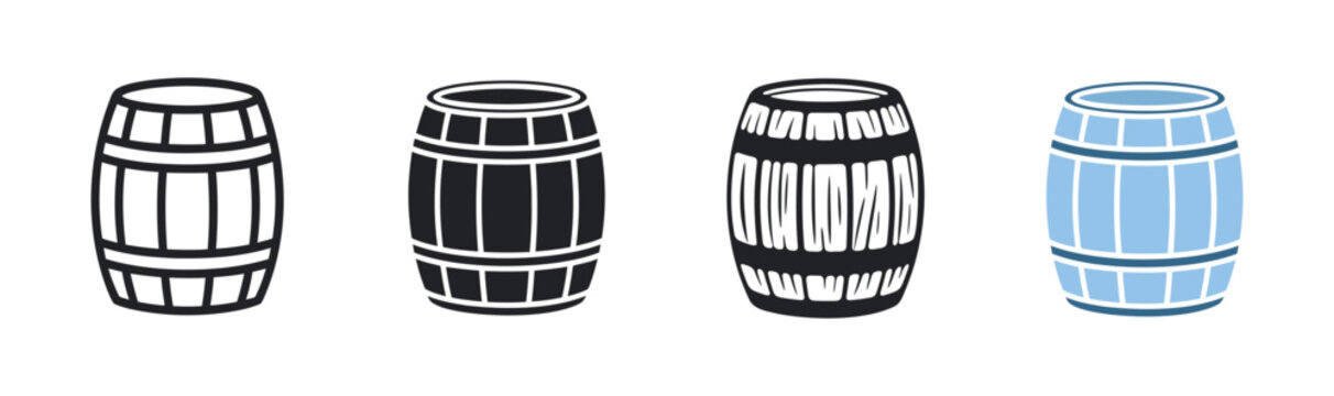 Wooden Barrel Icons in Outline, Flat Silhouette, and Hand Drawn Sketch Styles for Brewery, Wine Storage, and Vintage Packaging Design.