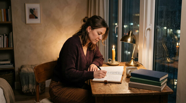 Woman writing in a journal beside books, candle, and rain covered window. Poetcore creative writing scene for literary lifestyle, publishing, education, and stationery projects.