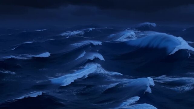 Ocean waves roll and break into white foam across a dark blue sea