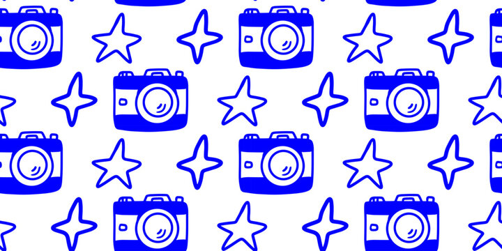 Pattern seamless photography doodle illustration with vintage cameras and hand drawn sparkling stars in vibrant blue on white background for creative photographers