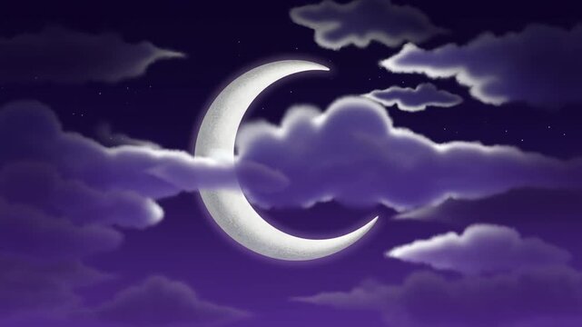 Crescent moon shines through layered clouds beneath stars in a purple night sky