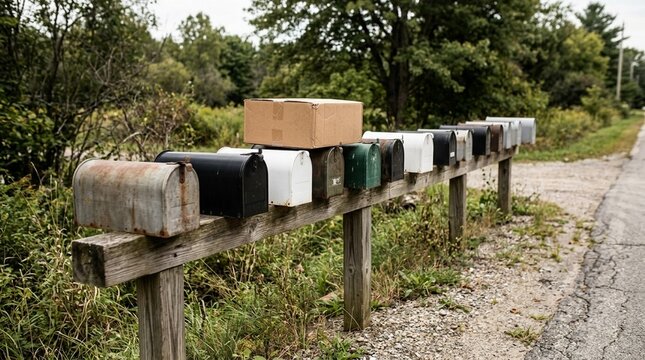 Mailbox row with parcel resting on top, mail delivery and package courier concept