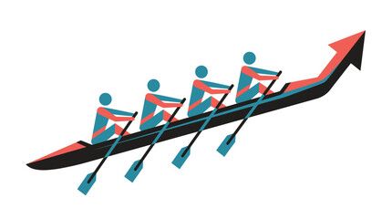 Teamwork Rowing Boat Arrow Growth Business Direction Leadership Crew Rowers Oars Progress Success Forward Competition Strategy Goal Corporate Speed Sync Effort Unity Momentum Vector Illustration © Neostocker