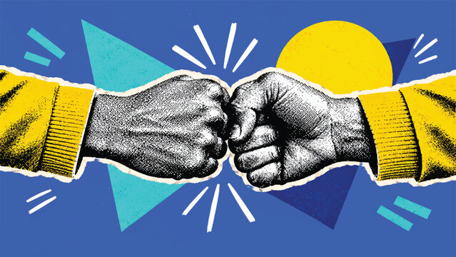 Retro Pop Art Fist Bump Teamwork Collage with Black and White Newspaper Halftone Hands, Yellow Cuffs, Electric Blue Background, Turquoise Geometric Shapes and Dynamic White Motion Lines