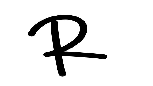  Handwritten capital letter R isolated on white background, black ink calligraphy alphabet character, minimalist typography concept design for logo, sign, initial, or educational te
