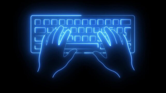 glowing neon hands typing on keyboard icon isolated on black background. for programming, office work, freelance typing concept. 4k video animation.