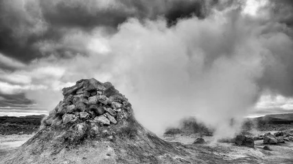 Iceland Hverir geysers summer landscape with steam and clouds © jovannig
