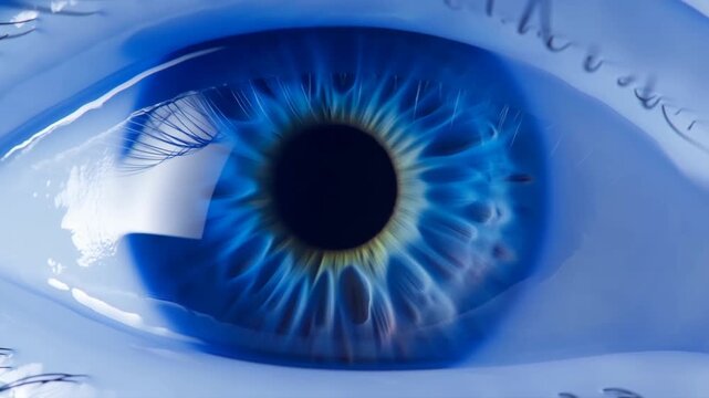 Blue human eye holds steady in extreme closeup with vivid iris and glossy reflections