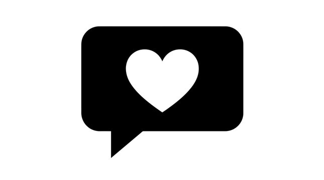 Black speech bubble icon with center heart shape symbol for communication