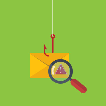 Data phishing, hacking online scam concept. Fishing by email, envelope and fishing hook.