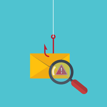 Data phishing, hacking online scam concept. Fishing by email, envelope and fishing hook.