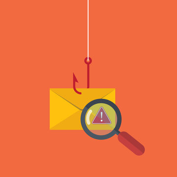 Data phishing, hacking online scam concept. Fishing by email, envelope and fishing hook.