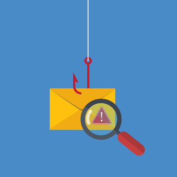 Data phishing, hacking online scam concept. Fishing by email, envelope and fishing hook.