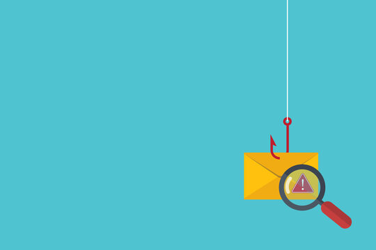 Data phishing, hacking online scam concept. Fishing by email, envelope and fishing hook.