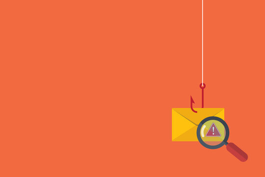Data phishing, hacking online scam concept. Fishing by email, envelope and fishing hook.