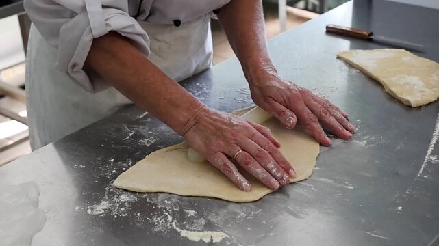 Close-up of a mature female chef rolling out dough on a professional stainless steel kitchen table. A detailed close-up shot of an experienced middle-aged female baker or pastry chef rolling out fresh