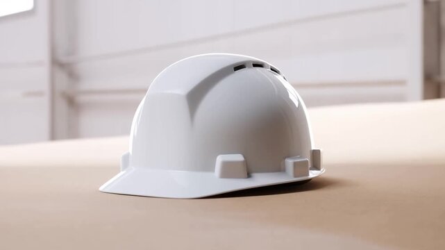White hard hat rests on a workbench in a bright indoor workspace, remaining still