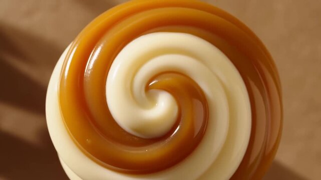 Caramel and cream form a glossy spiral pattern across a closeup dessert surface