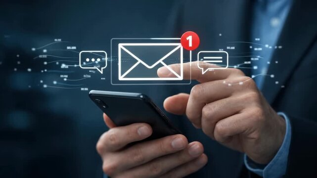 Businessman holding smartphone and touching glowing email envelope icon with notification and chat bubbles