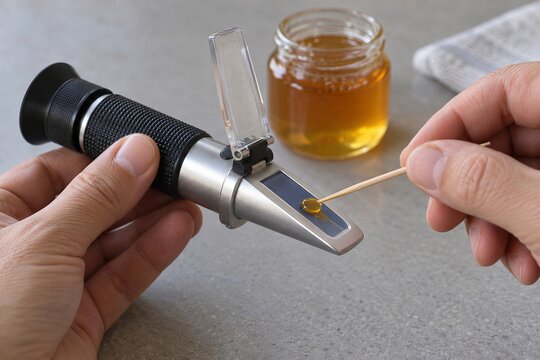 Loading a honey sample onto a refractometer prism