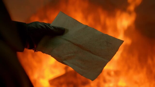 Gloved hand holds an unfolded antique map as flames flicker in the background
