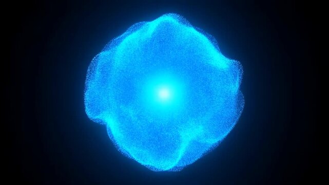Blue particle sphere pulses and reshapes around a glowing core against black