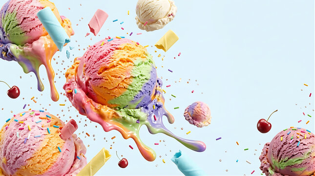 giant sculptural ice cream scoops floating in zero gravity, swirling rainbow gelato, exaggerated glossy melting drips, pastel wafer tubes, tiny sugar crystals and colorful sprinkles 
