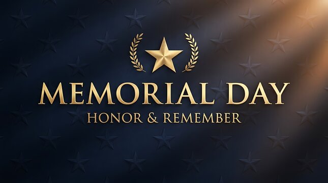 Memorial Day Golden Text and Star Emblem on Dark Blue Textured honor remember