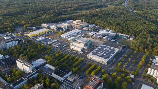 Hanau, Germany - 07 September 2026: Aerial view of Exyte data center at Wolfgang industrial park in Hanau