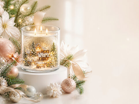Elegant three-wick Christmas candle in clear glass reveals a miniature snowy village with glowing cottages, surrounded by blush baubles, fir and white poinsettia, a cozy festive scene for New Year 202