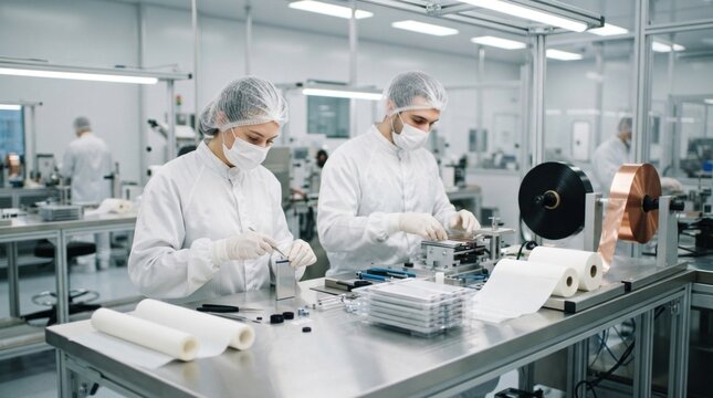 Two cleanroom technicians assembling lithium ion battery cells beside electrode rolls, separator sheets, and sealed trays on a sterile production line.
