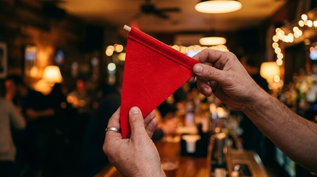A person holds a blank red triangular pennant flag in a crowded bar setting.