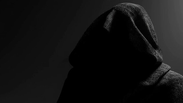 Hooded figure remains motionless in a dark setting with face concealed by shadow