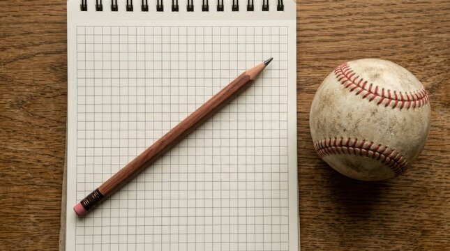 A wooden pencil lies on a grid notebook beside a worn baseball ball.