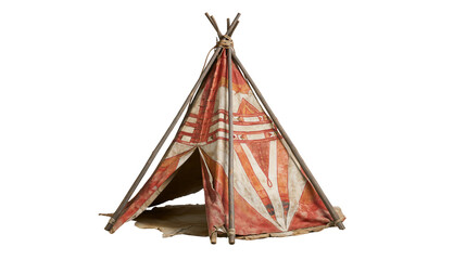 Isolated traditional Native American teepee model with historic red and white geometric designs © David