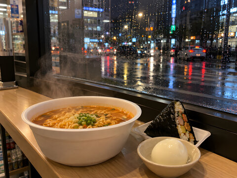 Instant ramen and kimbap by a convenience store window at night