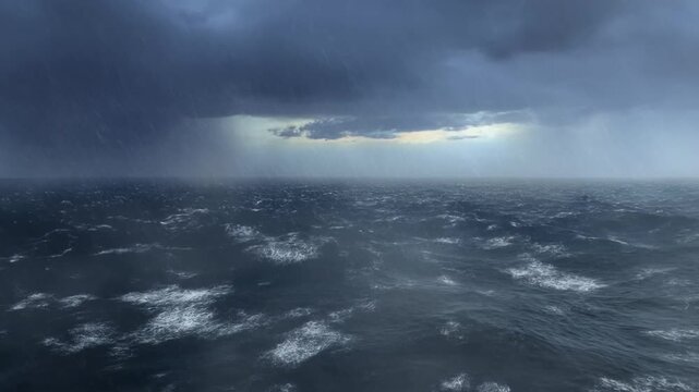 Storm waves churn beneath dark rain clouds as sunlight breaks over the open ocean