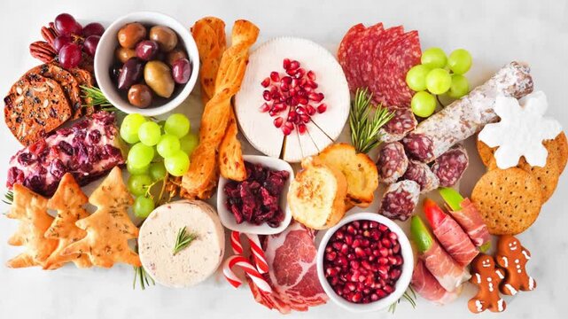 Christmas theme charcuterie board. Slow rotating zoom motion. Top view against a white wood background. Variety of cheese and meat appetizers.