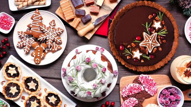 Assortment of Christmas holiday desserts and sweets over a dark wood background. Slow rotating zoom motion. Bundt cake, chocolate pie, mincemeat tarts, cookies, fudge and eggnog.