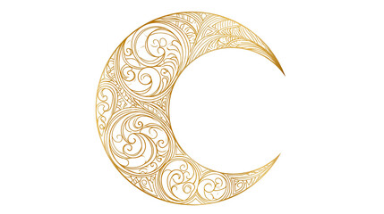 Isolated decorative golden crescent moon symbol with intricate ornamental pattern design. © Ioana