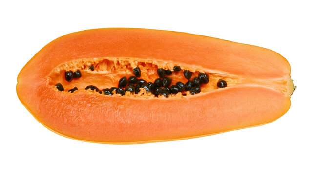 Isolated vibrant orange ripe papaya fruit cut in half showing black seeds, healthy snack.
