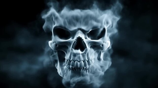 Frontfacing skull shape surrounded by pale smoke against a dark blue background