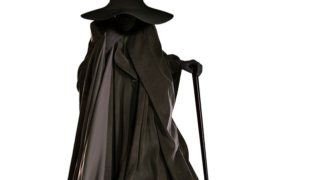 Isolated mysterious cloaked figure wearing a broad-brimmed hat and holding a cane