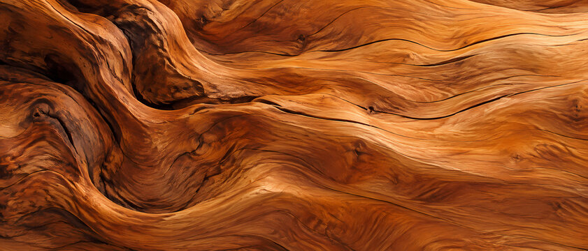 Deep hollows and dark knots interrupt flowing orange brown wood grain as raised folds sweep across the closeup and golden highlights emphasize the fine fibers and uneven relief of the natural surface