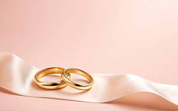 Two polished wedding rings on a pearl silk ribbon