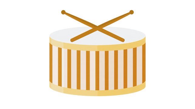 Isolated classic snare drum with a pair of wooden drumsticks resting on its white head.