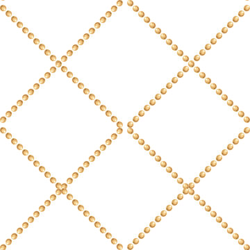 Seamless pattern template with golden pearl beads forming a diamond lattice. Decorative grid for Christmas wrapping paper, fabric, wedding stationery, invitations and floral compositions.