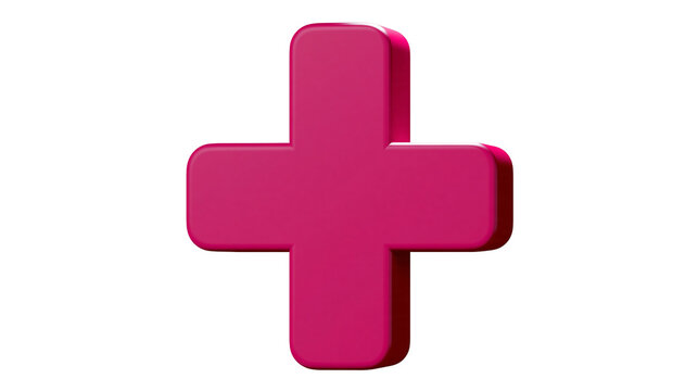 Isolated volumetric pink magenta plus sign, 3D rendered symbol of addition or medical care