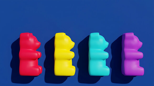 simplified gummy-bear silhouettes in vivid cherry red, lemon yellow, turquoise and purple, arranged like a playful parade against a solid deep-blue background, smooth jelly-like finish with minimal