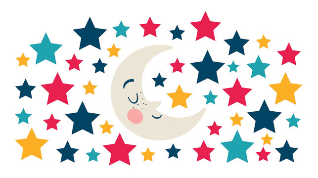 Isolated whimsical sleeping crescent moon with colorful stars and unique text N (1961) design
